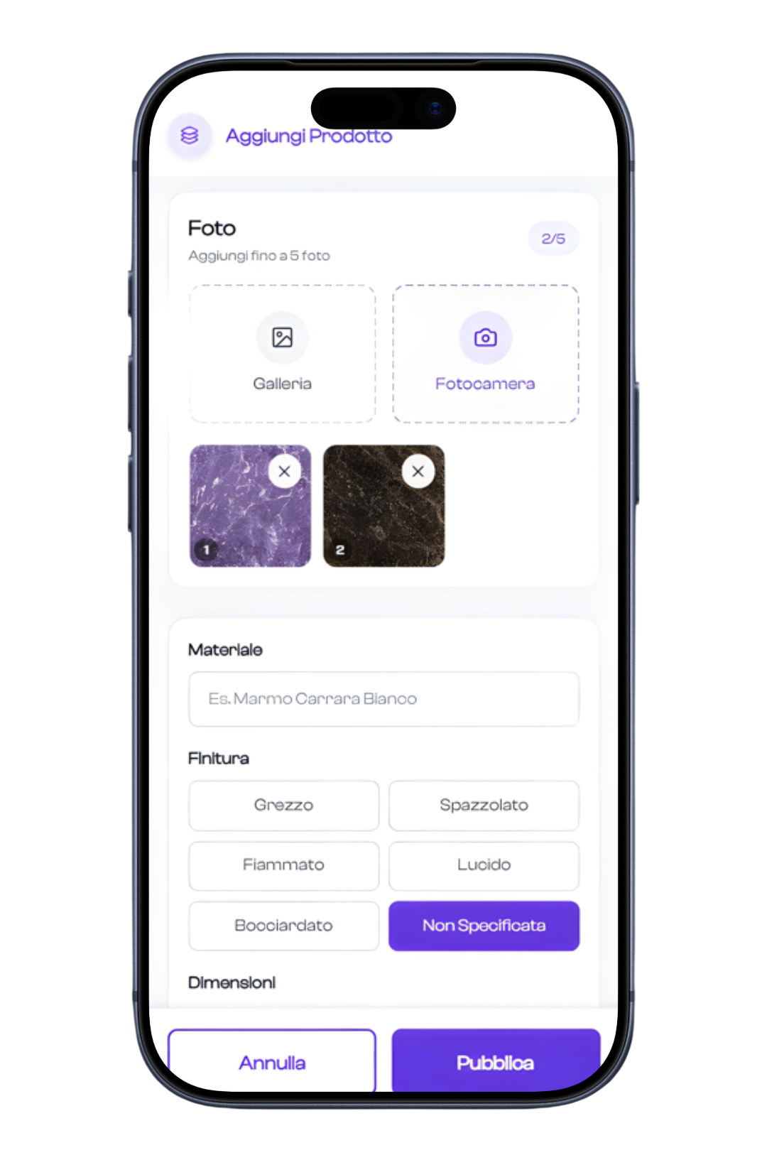 Schermata dell'app: Aggiungi nuovi materiali e sfridi in pochi click